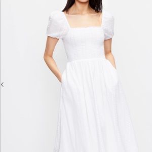 LOFT Striped Smocked Puff Sleeve Midi Dress